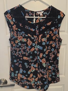 Candie's Black Floral Cap-Sleeve Blouse with Blue & Orange Blossoms